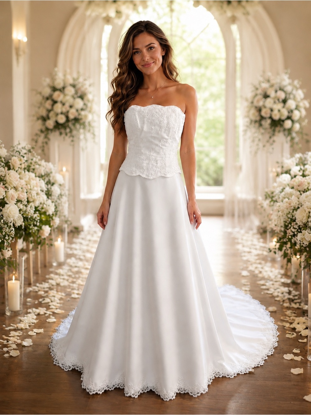 DaVinci - Strapless White/Light Ivory Lace Bodice Satin A-Line Wedding Gown
